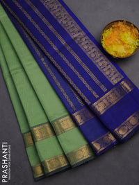 Silk cotton saree pastel green and blue with plain body and rettapet zari woven border