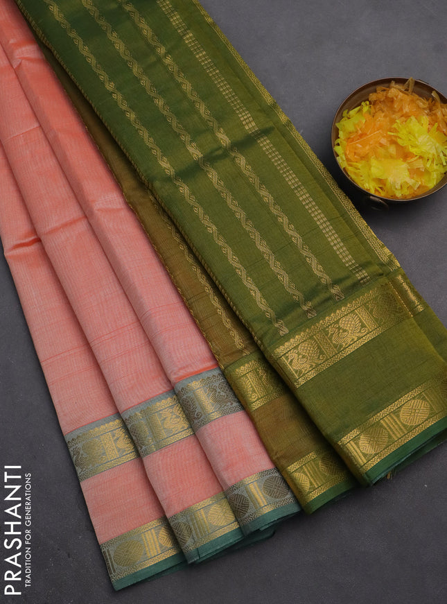 Silk cotton saree orange and dual shade of light green with plain body and rettapet zari woven border