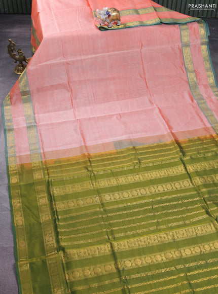 Silk cotton saree orange and dual shade of light green with plain body and rettapet zari woven border