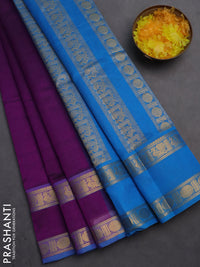 Silk cotton saree purple and cs blue with plain body and rettapet zari woven border