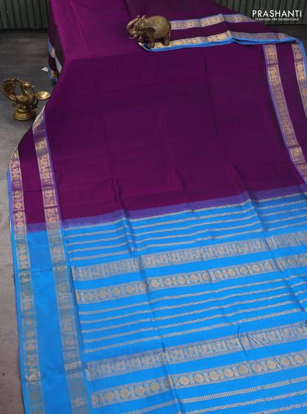 Silk cotton saree purple and cs blue with plain body and rettapet zari woven border