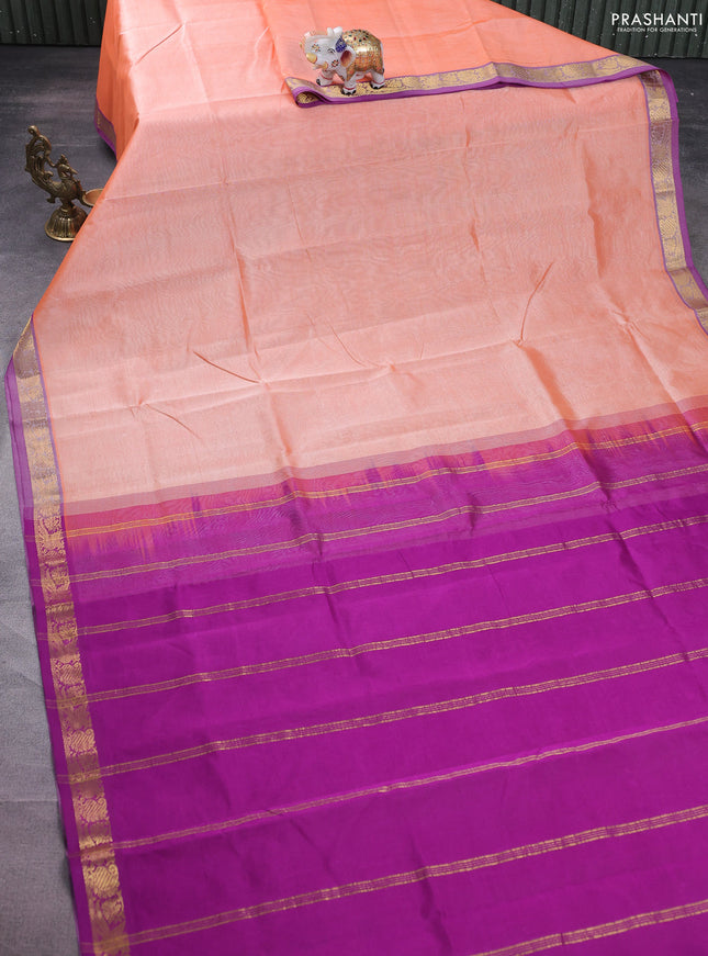 Silk cotton saree orange and purple with plain body and zari woven border