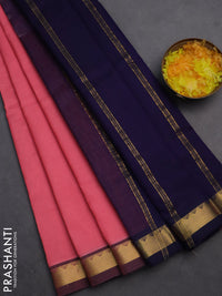 Silk cotton saree peach pink and purple with plain body and zari woven border