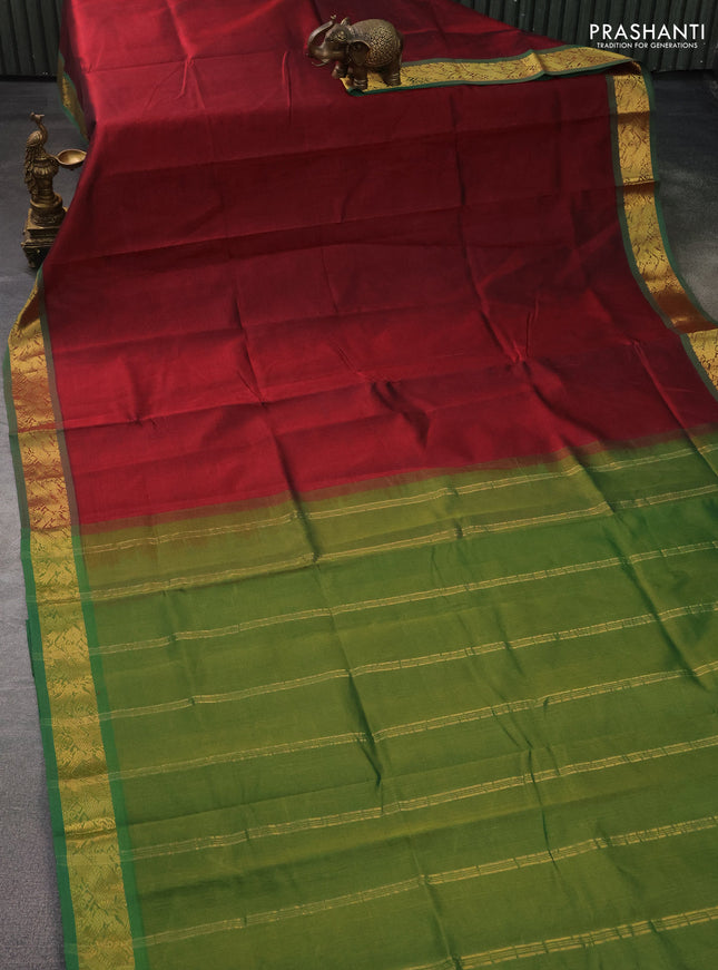Silk cotton saree maroon and mehendi green with plain body and zari woven border