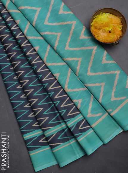 Jaipur cotton saree grey and teal blue with allover zig zag prints and printed border