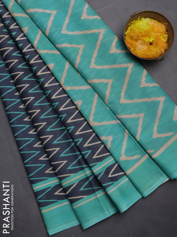 Jaipur cotton saree grey and teal blue with allover zig zag prints and printed border
