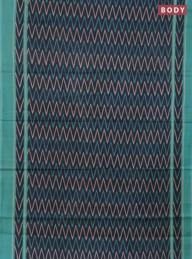 Jaipur cotton saree grey and teal blue with allover zig zag prints and printed border