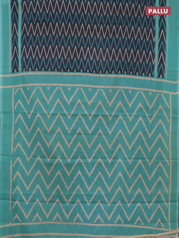 Jaipur cotton saree grey and teal blue with allover zig zag prints and printed border