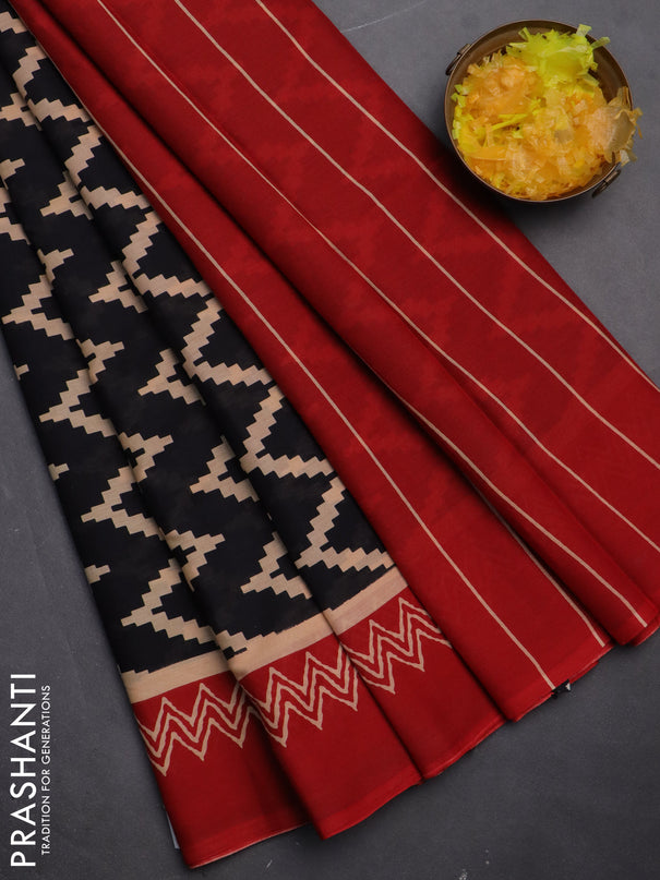 Jaipur cotton saree black and red with allover zig zag prints and printed border
