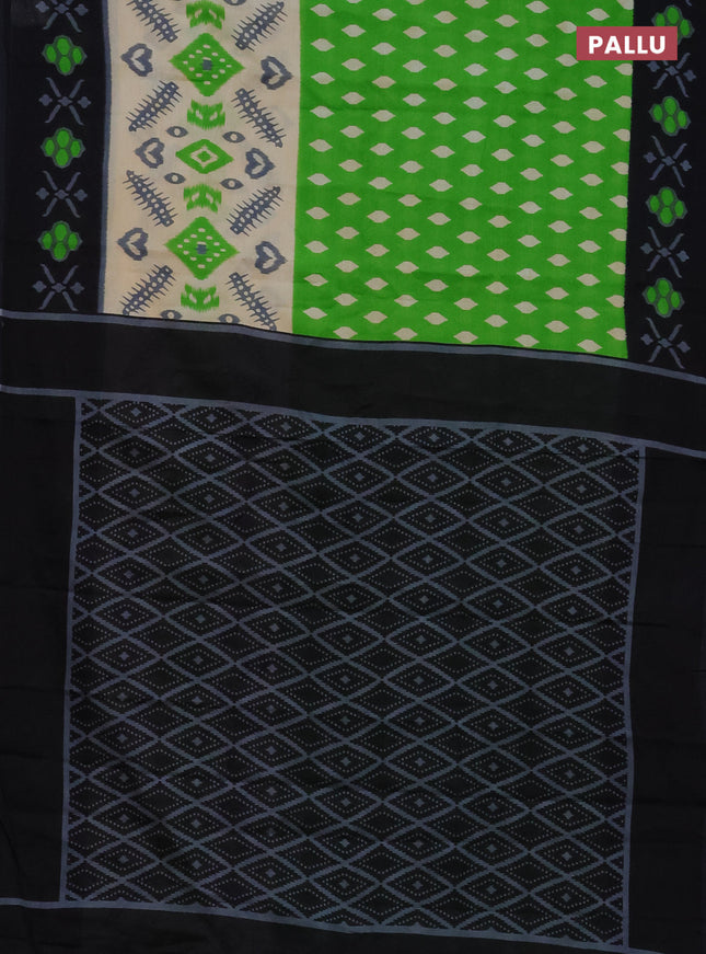 Jaipur cotton saree light green and black with allover ikat prints and printed border