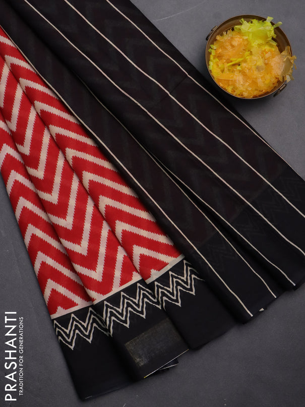 Jaipur cotton saree red and black with allover zig zag prints and printed border