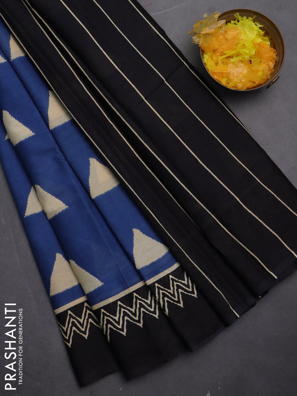 Jaipur cotton saree blue and black with geometric butta prints and printed border