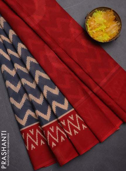 Jaipur cotton saree grey and red with allover zig zag prints and printed border