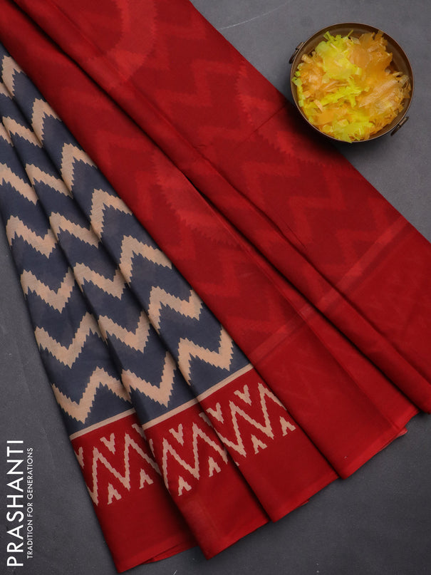 Jaipur cotton saree grey and red with allover zig zag prints and printed border