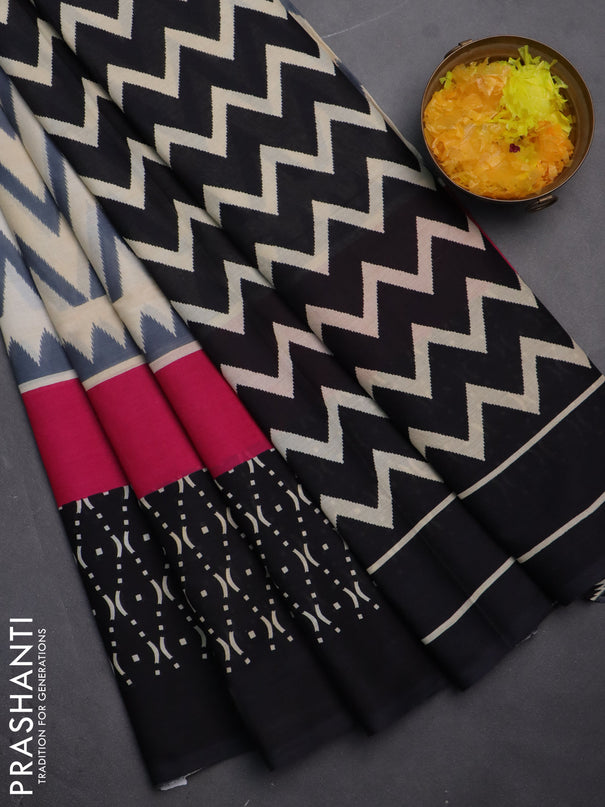 Jaipur cotton saree grey beige and black with allover zig zag prints and printed border