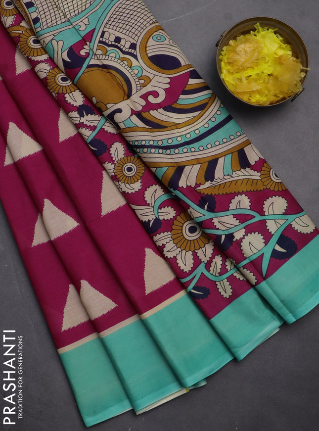 Jaipur cotton saree pink and teal green shade with geometric butta prints and printed border