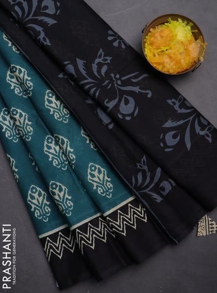 Jaipur cotton saree peacock green and black with ikat butta prints and printed border