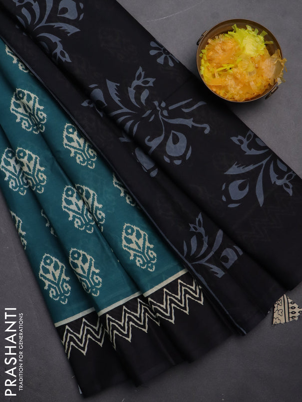 Jaipur cotton saree peacock green and black with ikat butta prints and printed border