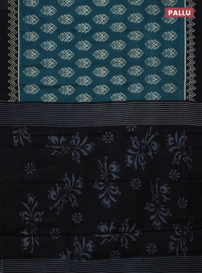 Jaipur cotton saree peacock green and black with ikat butta prints and printed border