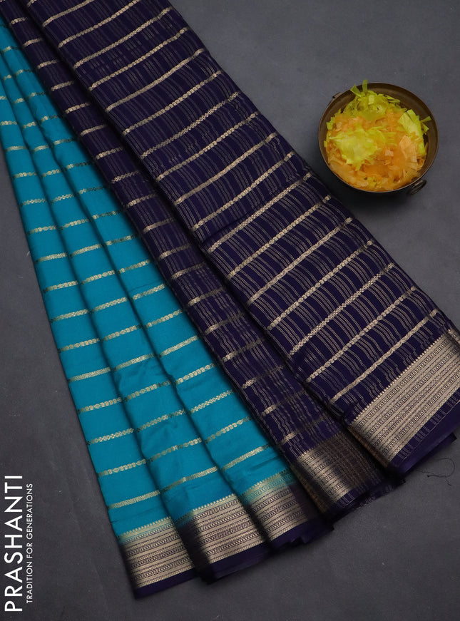 Semi mysore silk saree teal blue and navy blue with allover veldhari weaves and zari woven border