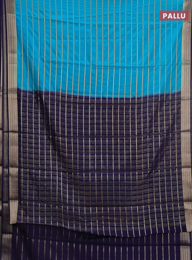 Semi mysore silk saree teal blue and navy blue with allover veldhari weaves and zari woven border