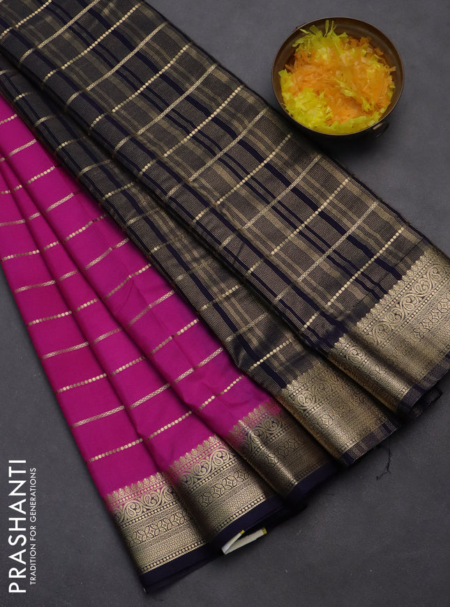 Semi mysore silk saree pink and navy blue with allover zari woven stripes pattern and zari woven border