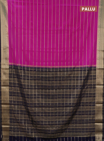 Semi mysore silk saree pink and navy blue with allover zari woven stripes pattern and zari woven border