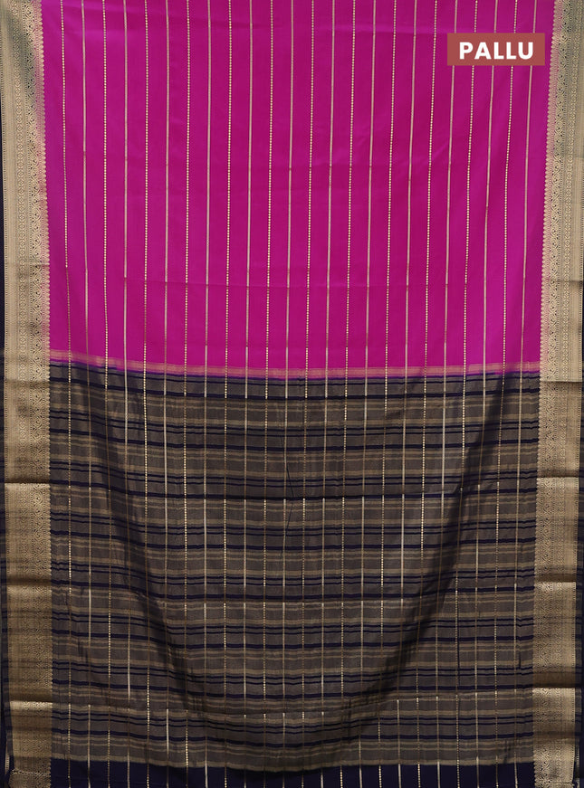 Semi mysore silk saree pink and navy blue with allover zari woven stripes pattern and zari woven border