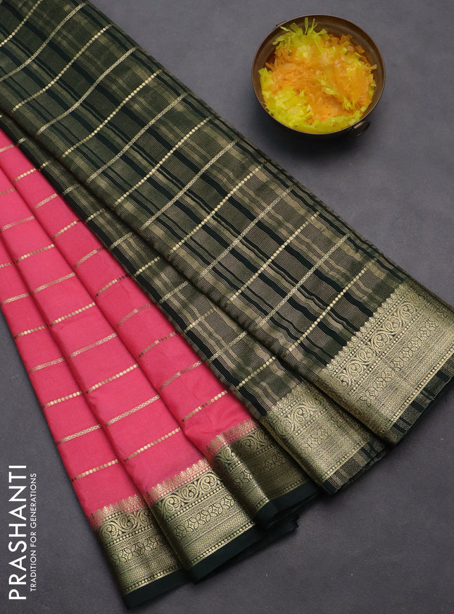 Semi mysore silk saree peach pink and bottle green with allover zari woven stripes pattern and zari woven border