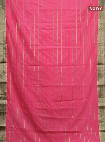 Semi mysore silk saree peach pink and bottle green with allover zari woven stripes pattern and zari woven border