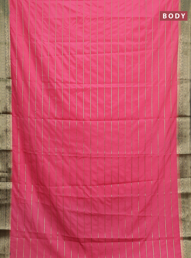 Semi mysore silk saree peach pink and bottle green with allover zari woven stripes pattern and zari woven border