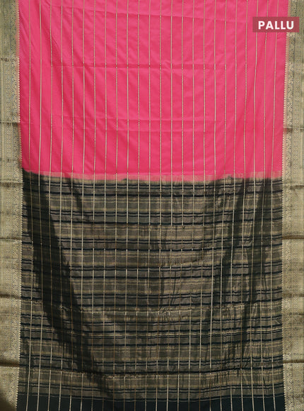 Semi mysore silk saree peach pink and bottle green with allover zari woven stripes pattern and zari woven border
