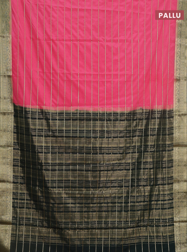 Semi mysore silk saree peach pink and bottle green with allover zari woven stripes pattern and zari woven border