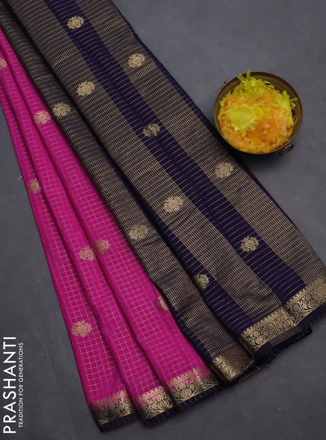 Semi mysore silk saree pink and navy blue with allover zari checks & buttas and zari woven border