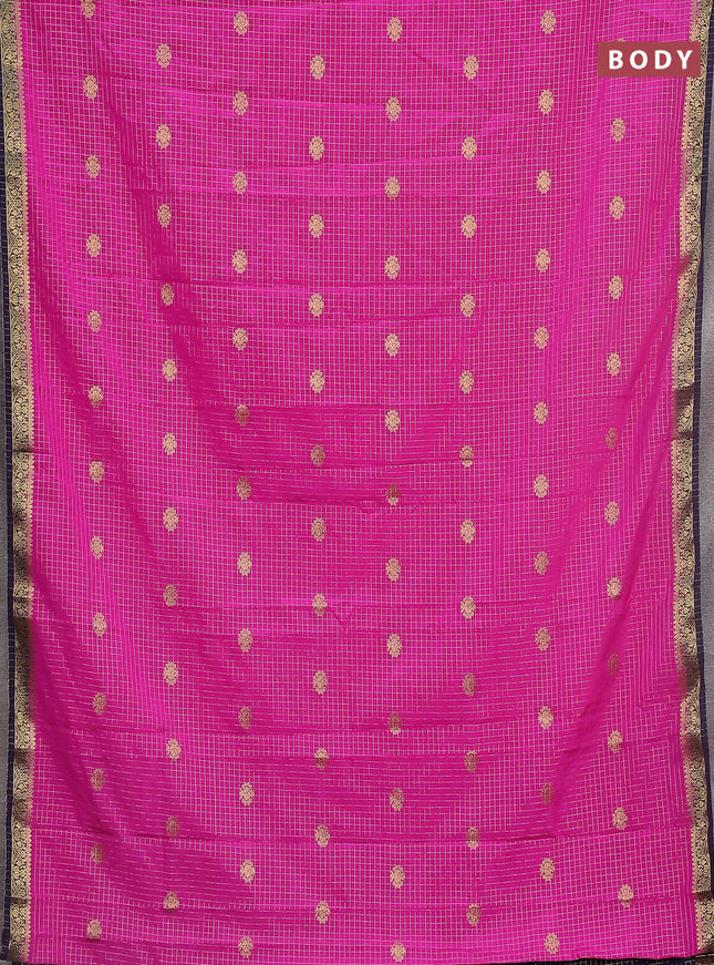 Semi mysore silk saree pink and navy blue with allover zari checks & buttas and zari woven border
