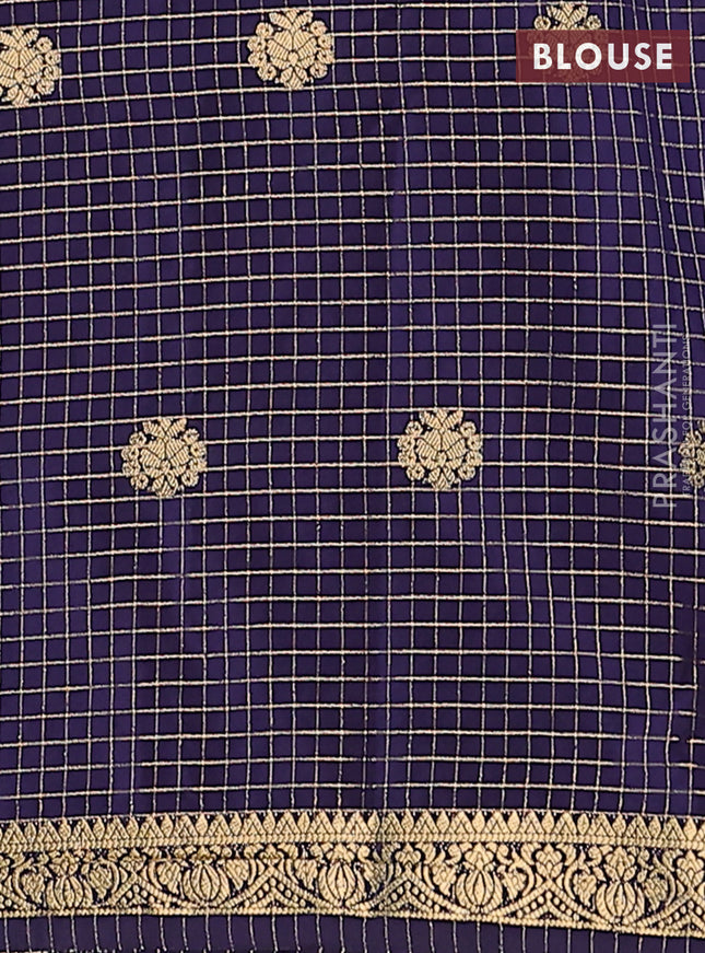 Semi mysore silk saree pink and navy blue with allover zari checks & buttas and zari woven border