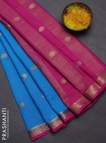 Semi mysore silk saree cs blue and pink with allover zari checks & buttas and zari woven border