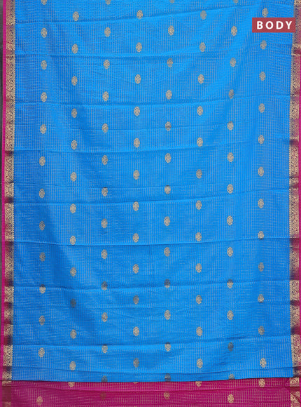 Semi mysore silk saree cs blue and pink with allover zari checks & buttas and zari woven border