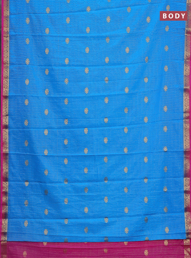 Semi mysore silk saree cs blue and pink with allover zari checks & buttas and zari woven border