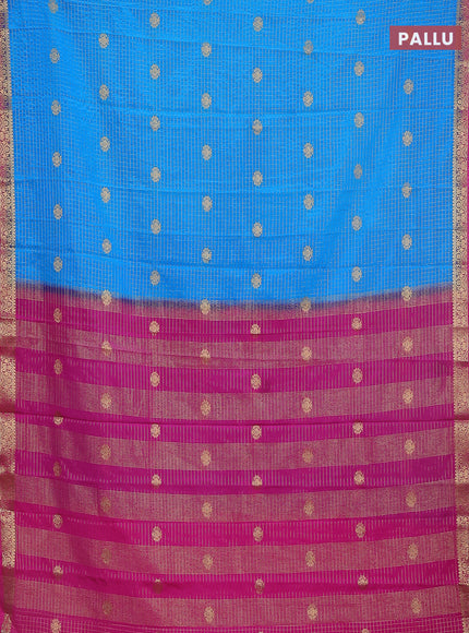 Semi mysore silk saree cs blue and pink with allover zari checks & buttas and zari woven border