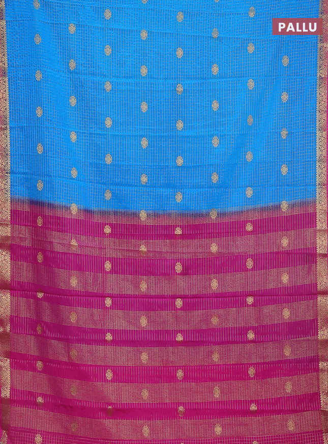 Semi mysore silk saree cs blue and pink with allover zari checks & buttas and zari woven border