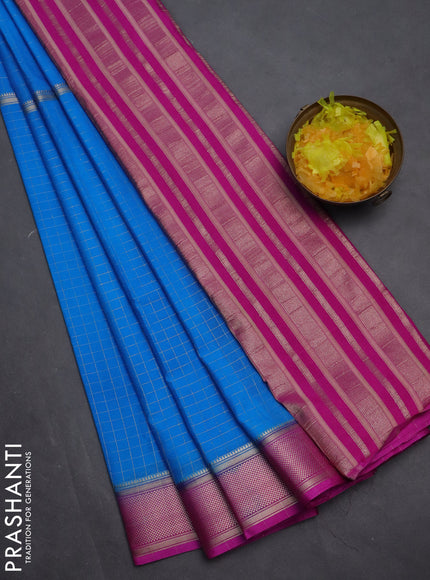 Semi mysore silk saree cs blue and pink with allover zari checked pattern and zari woven border