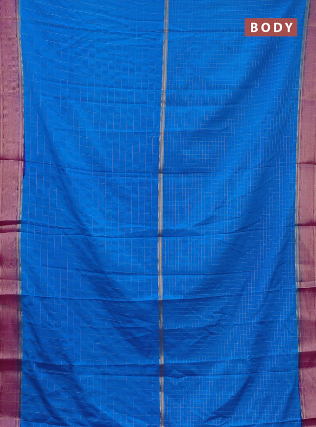 Semi mysore silk saree cs blue and pink with allover zari checked pattern and zari woven border