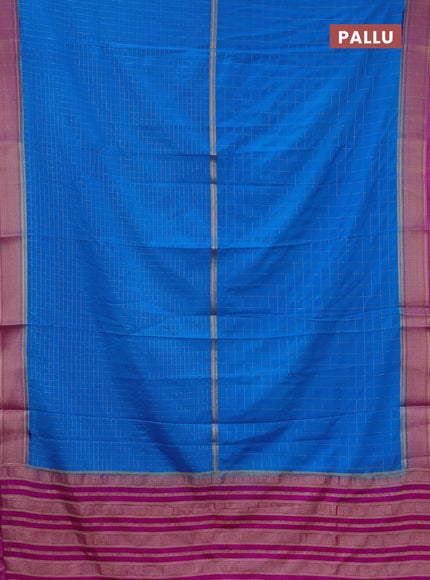 Semi mysore silk saree cs blue and pink with allover zari checked pattern and zari woven border