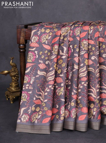 Semi tussar saree elephant grey with allover kalamkari prints and zari woven border