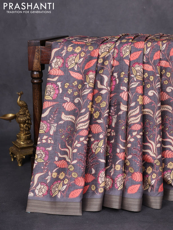 Semi tussar saree elephant grey with allover kalamkari prints and zari woven border