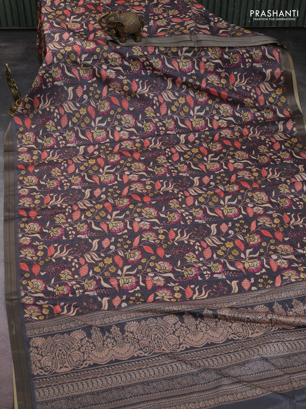 Semi tussar saree elephant grey with allover kalamkari prints and zari woven border