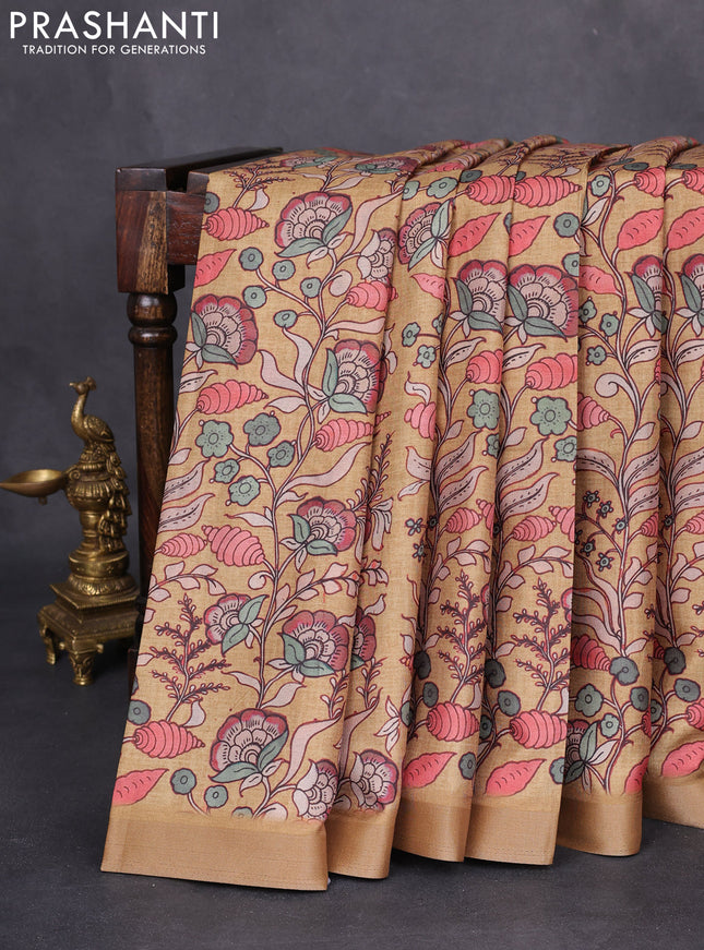 Semi tussar saree sandal with allover kalamkari prints and zari woven border