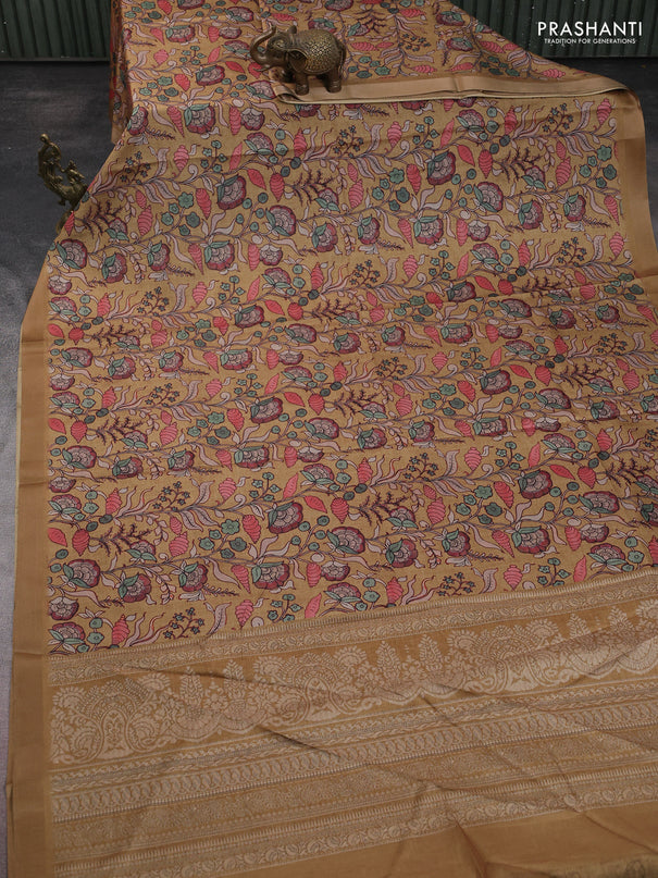 Semi tussar saree sandal with allover kalamkari prints and zari woven border