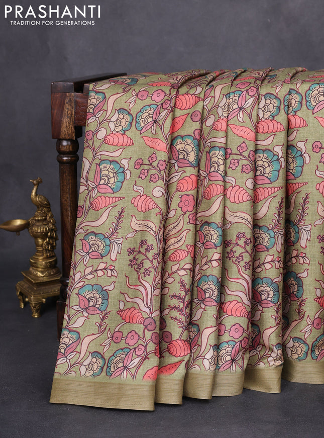 Semi tussar saree pastel green with allover kalamkari prints and zari woven border